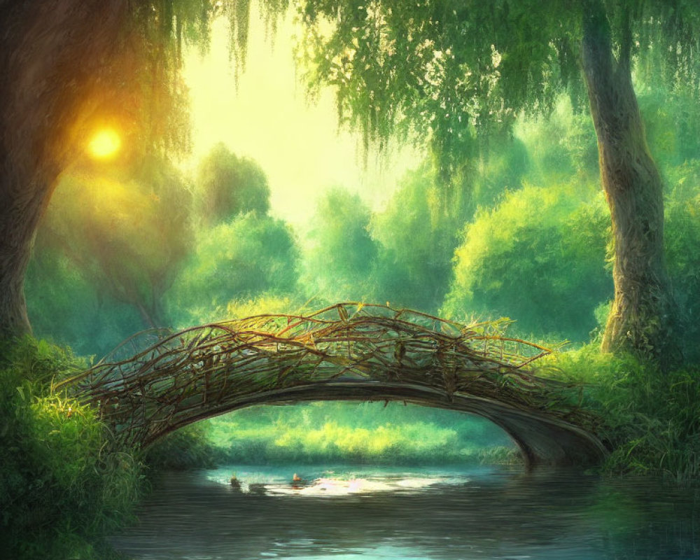 Tranquil sunlit landscape with wooden bridge over river surrounded by lush greenery