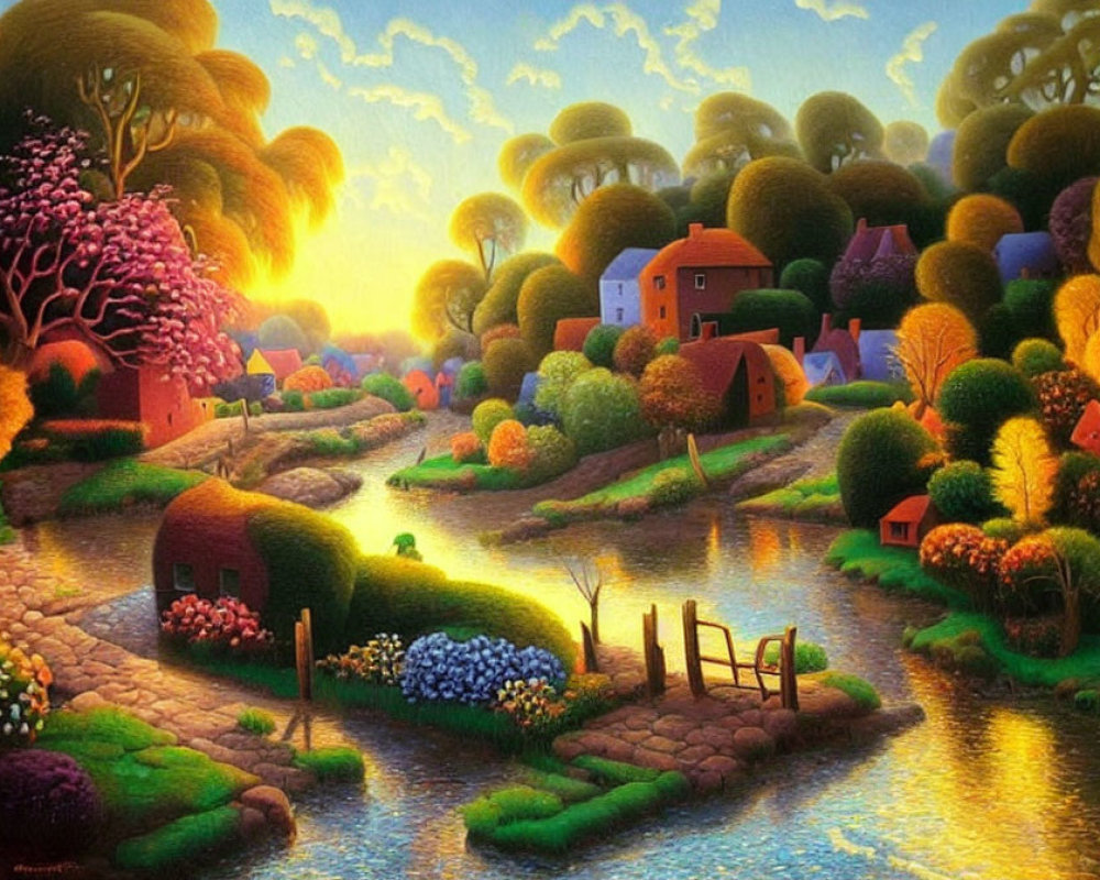 Vibrant village landscape with cozy houses, river, trees, and flowers