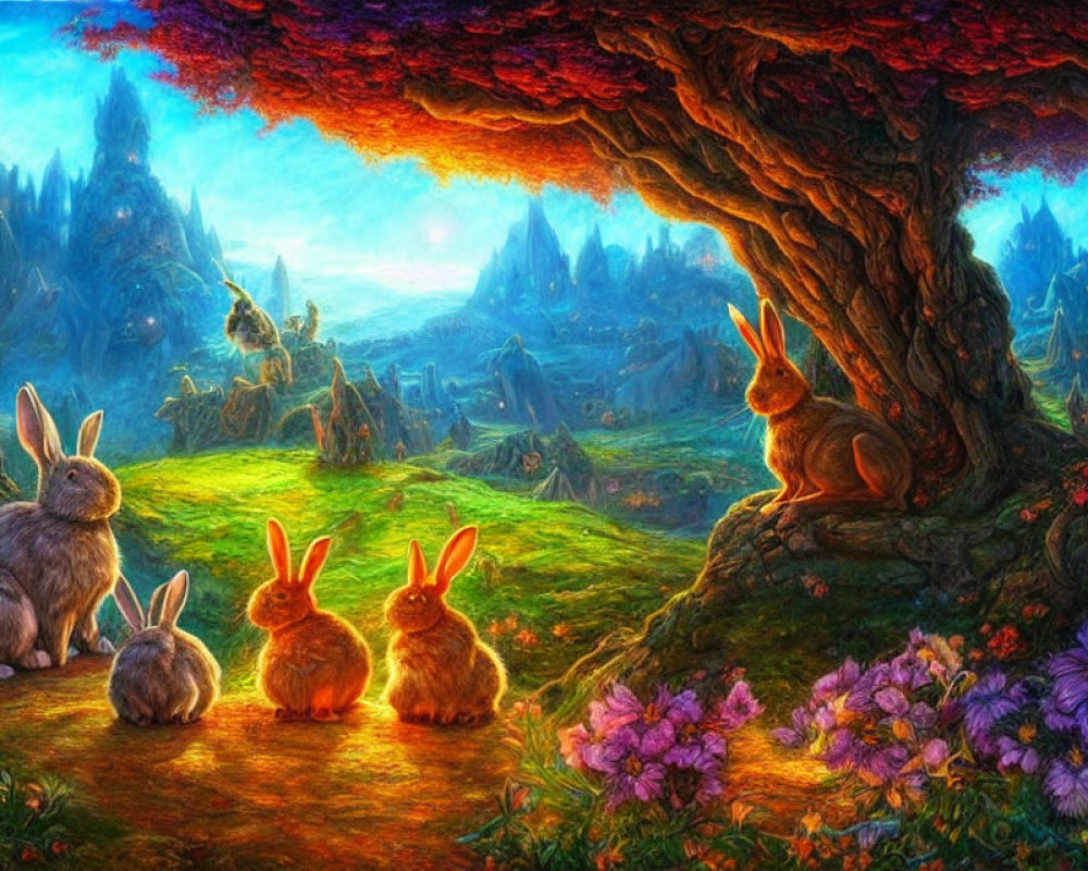 Colorful Fantasy Landscape: Four Rabbits Under Tree overlooking Vibrant Valley