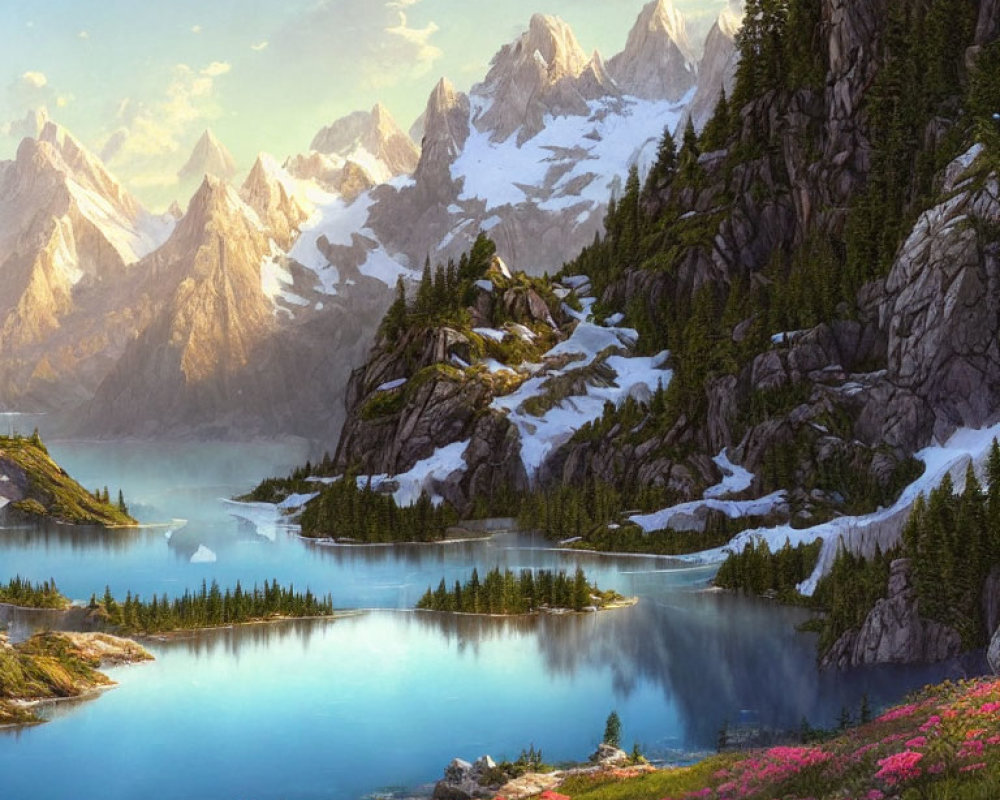 Serene Mountain Landscape with Blue Lake and Snow-Capped Peaks