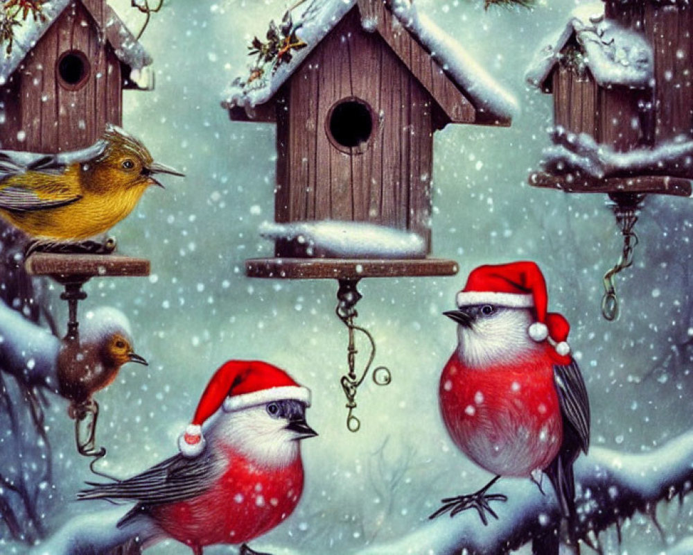 Birds in Santa Hats at Snow-Covered Birdhouse in Snowfall