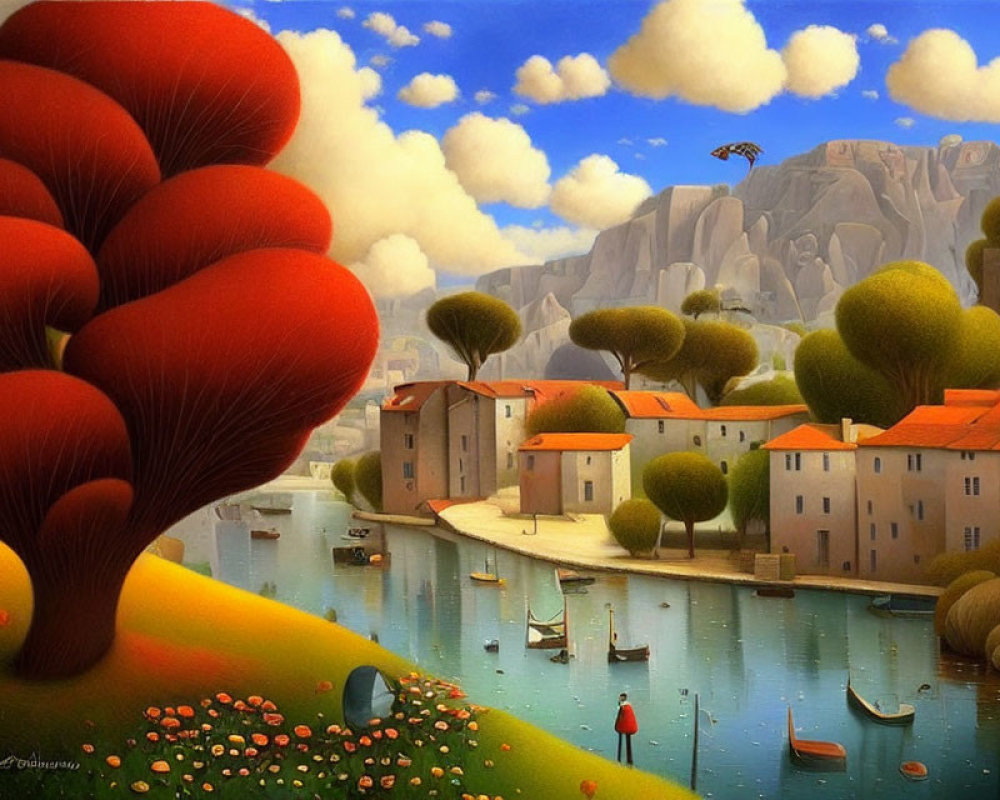 Colorful painting of a serene river town with oversized trees and boats