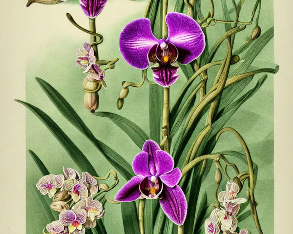 Purple and Pink Orchids in Various Bloom Stages on Pale Background