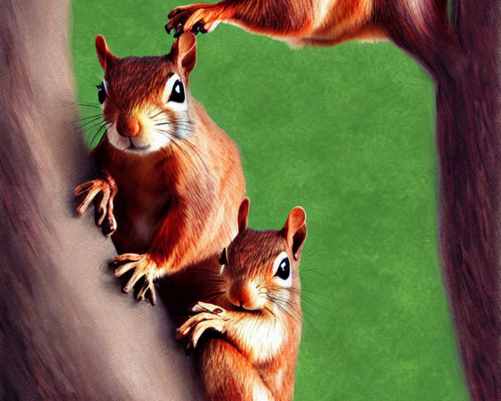 Three animated squirrels on a tree branch with vibrant orange fur and cute expressions.