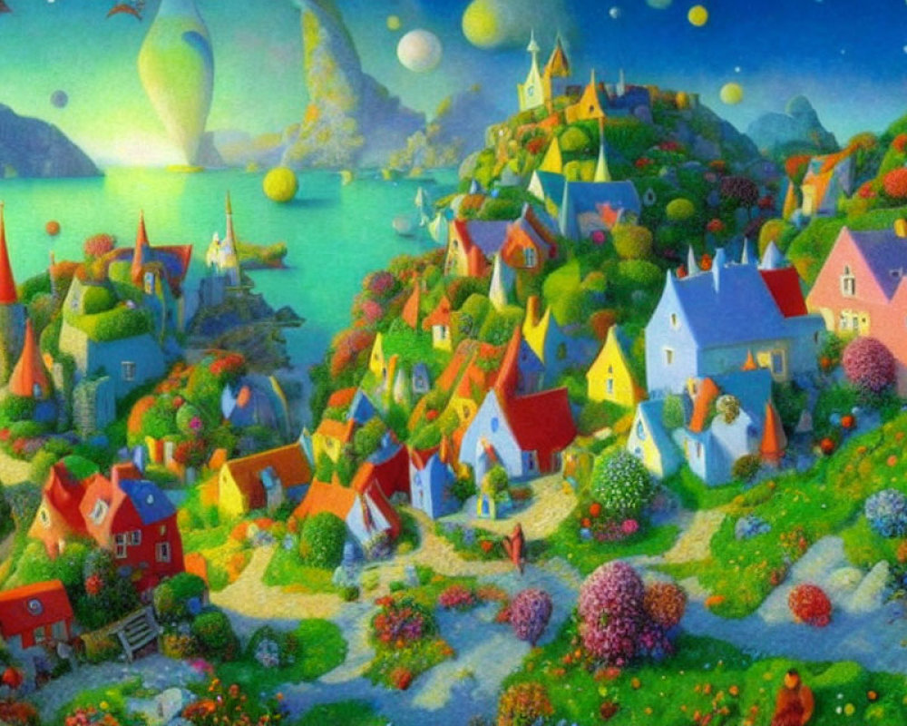 Colorful Fantasy Landscape with Whimsical Houses and Hot Air Balloon