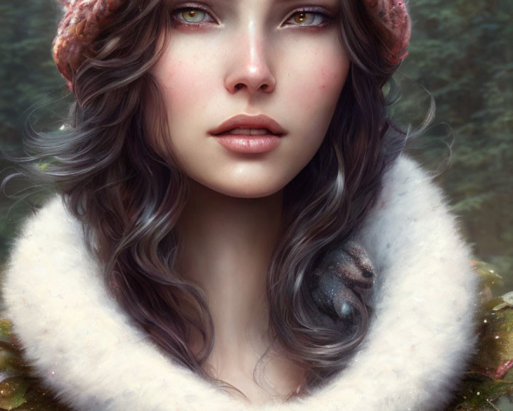 Young woman with wavy hair and amber eyes in knit hat and fur-lined coat against forest backdrop