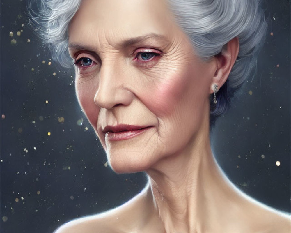 Elegant elderly woman with grey hair in starry setting