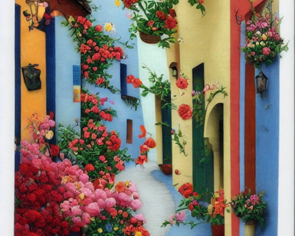 Vibrant alley with cobblestone path and colorful houses surrounded by flowers