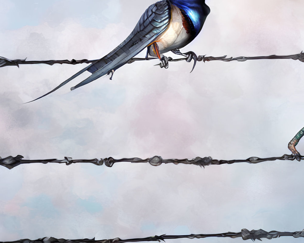 Colorful Bird on Barbed Wire with Falling Feather and Human Hand Illustration