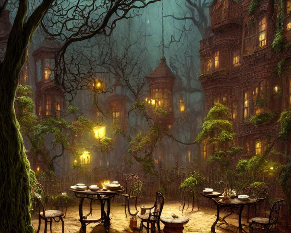 Enchanting illuminated treehouse in twilight forest dine setting