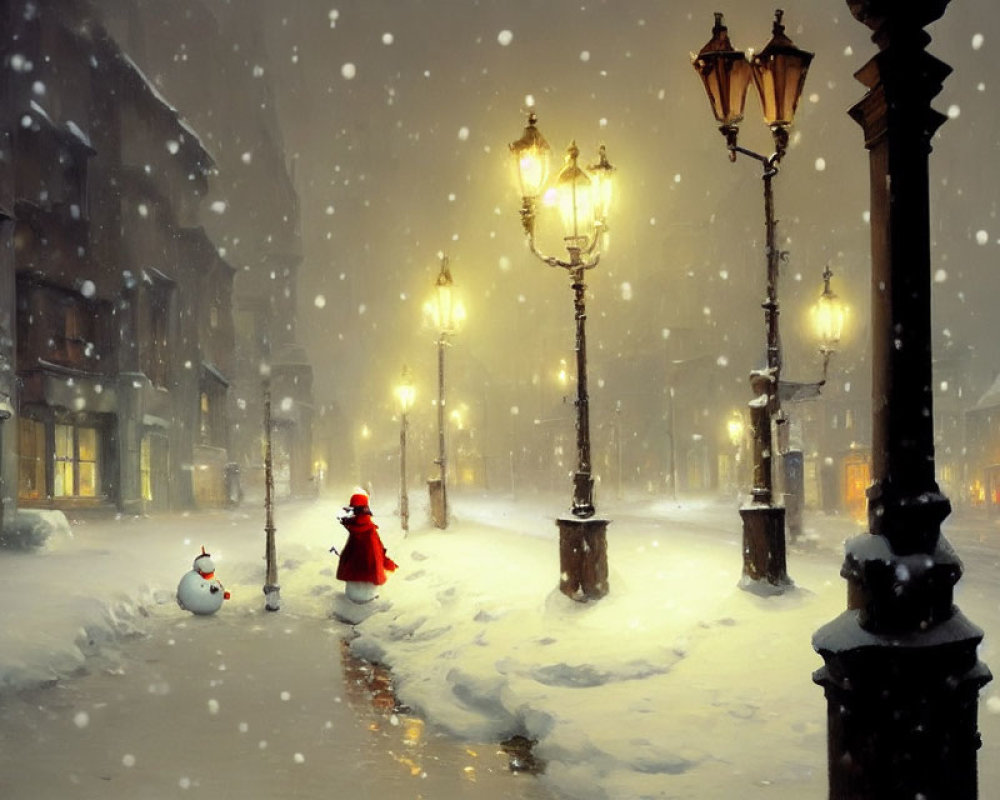 Child in Red Coat with Snowman on Snowy Street at Night