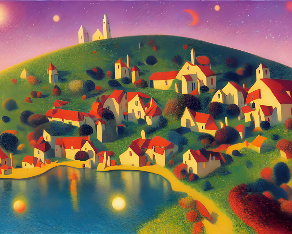 Vibrant illustration of a serene village at twilight