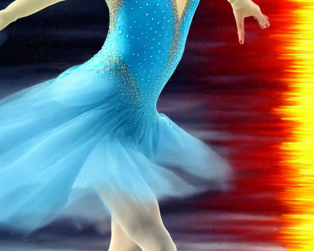 Figure Skater in Blue Rhinestone Costume Performing on Colorful Ice Backdrop