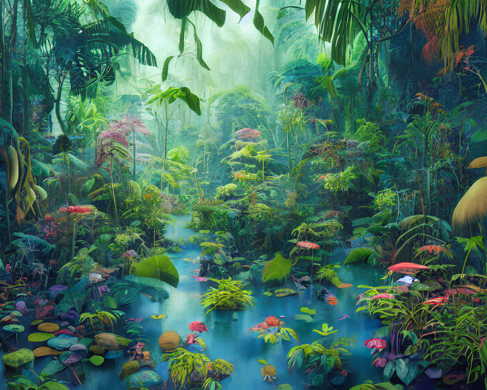 Mystical jungle with blue stream, lush foliage, flowers, and oversized mushrooms