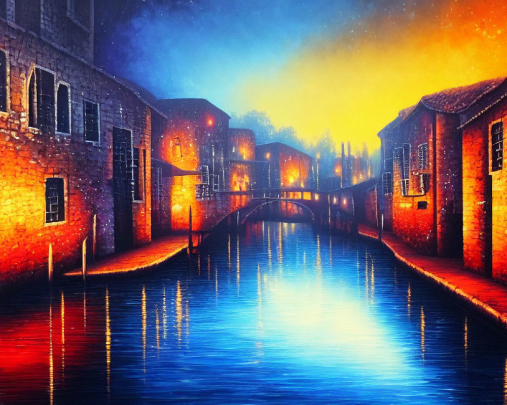 Vibrant Nighttime Canal Scene with Historic Buildings and Starry Sky