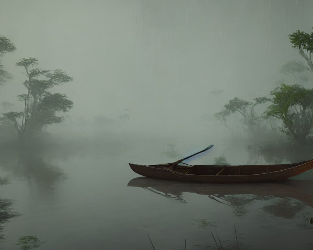 Tranquil mist-covered water scene with wooden canoe and trees