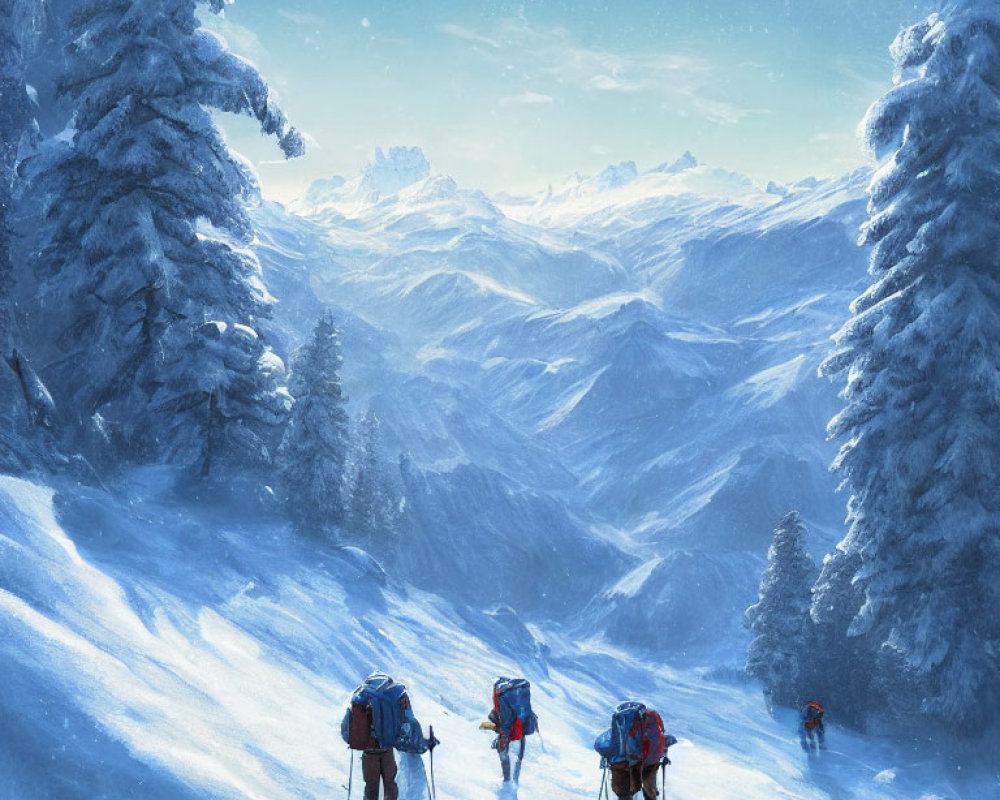 Snowy mountain landscape with hikers and snow-covered trees.