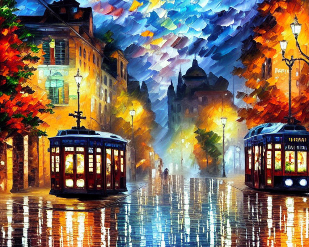 Impressionistic painting of vintage trams on wet street at night