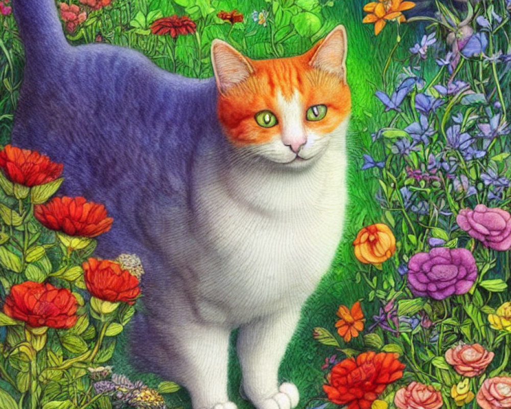 White and Ginger Cat in Vibrant Garden with Colorful Flowers