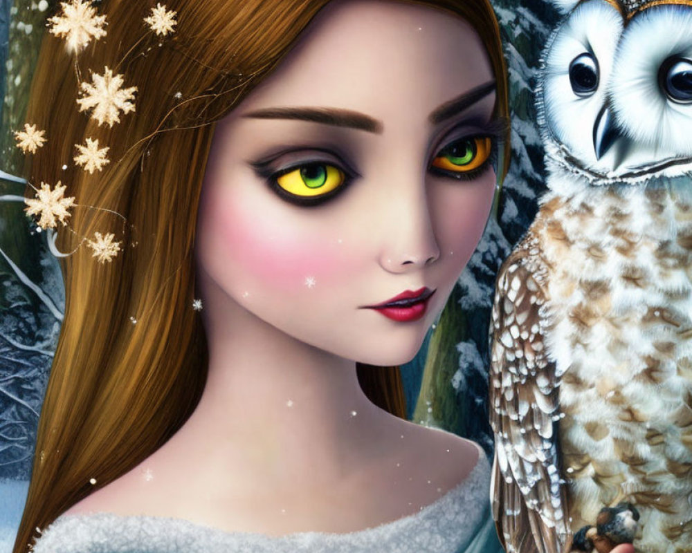 Digital illustration of woman with green eyes, auburn hair, holding owl in snowy forest.