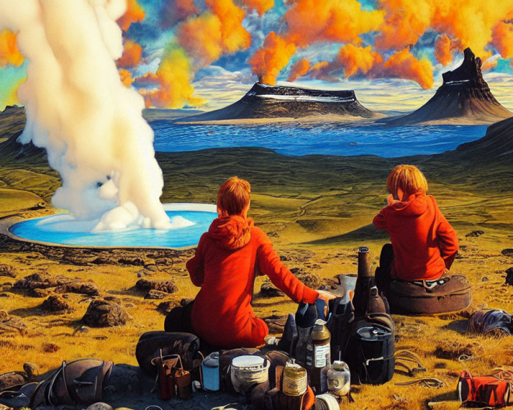 Two people in red jackets watching volcanic eruption with colorful smoke and geyser in clear sky