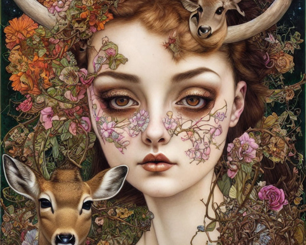 Woman with floral face paint, deer, and lush foliage in serene setting