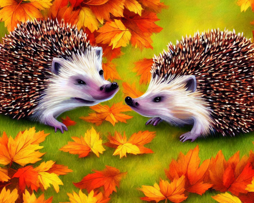 Illustrated hedgehogs on grass with autumn leaves.