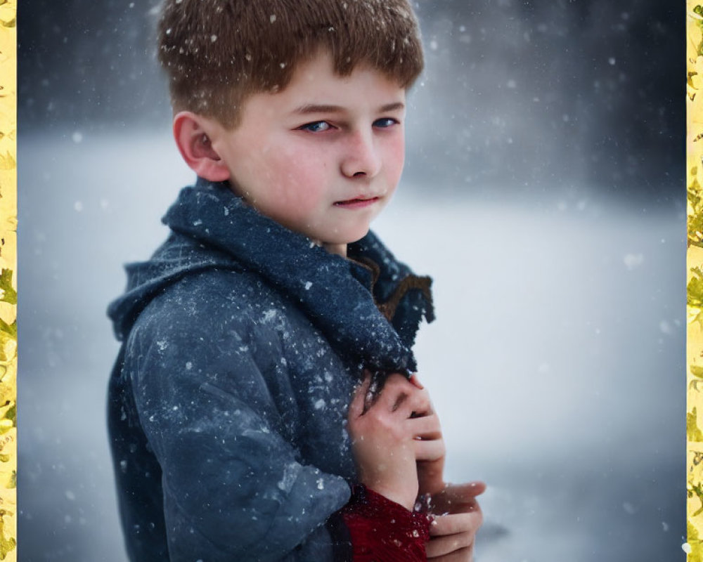 Contemplative young boy in blue jacket and red gloves in snowfall