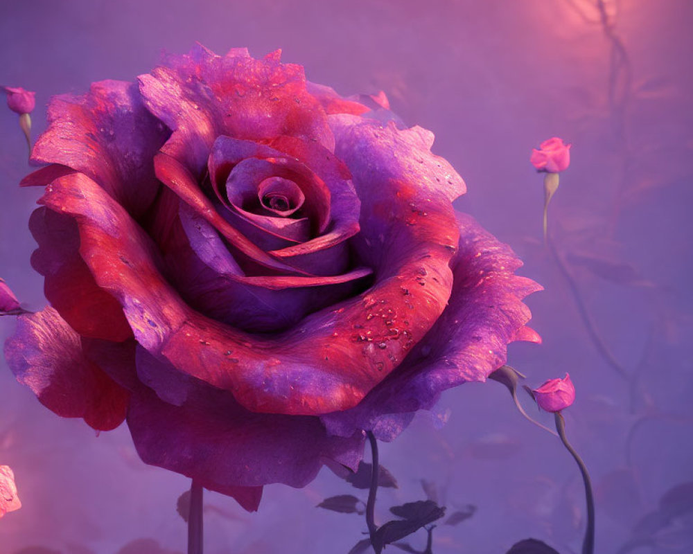 Vivid Purple Rose with Water Droplets in Mystical Purple Ambiance