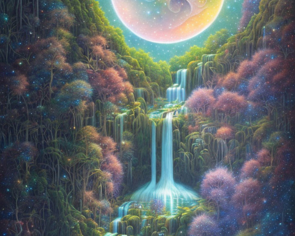 Luminous forest with waterfall under starry sky and celestial body