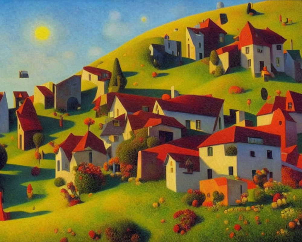 Charming hilly landscape with white houses and red roofs under sunny sky