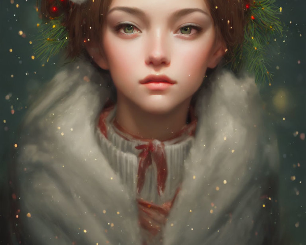 Digital art portrait of young person with holiday headband and green eyes in fluffy coat with snowflakes