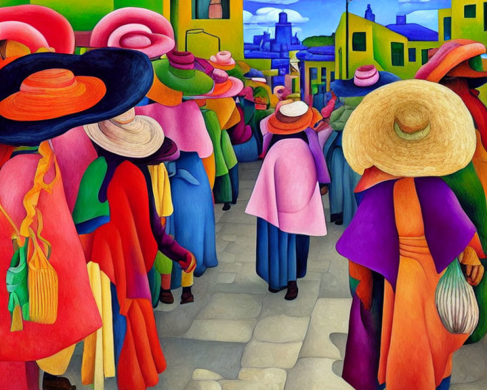 Vibrant painting of faceless figures in traditional outfits walking through village street