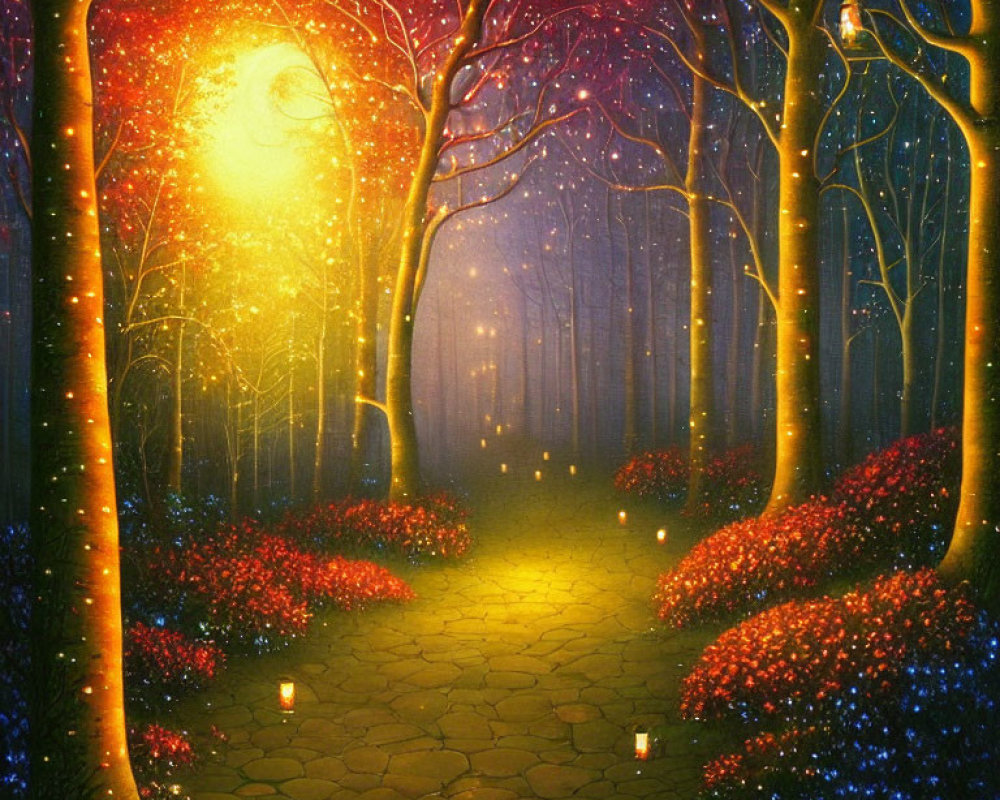 Enchanted forest path with glowing purple and red trees at night