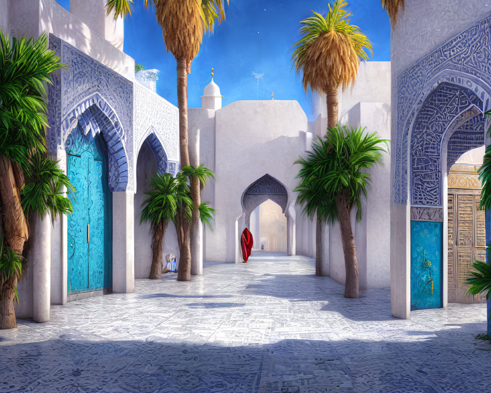 Traditional Alley with Blue Doors, Arabic Arches, Palm Trees, and Figure in Red