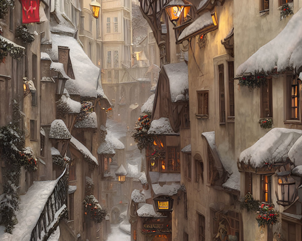 Snow-covered European street with Christmas decorations and old buildings