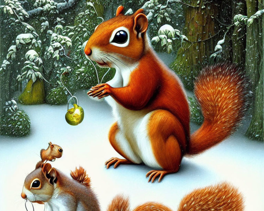 Three squirrels in snowy scene with yellow ornament and cherries