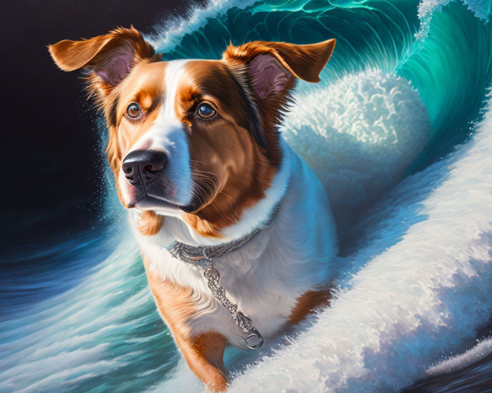 Brown and White Dog Surrounded by Turquoise Waves and Piercing Eyes