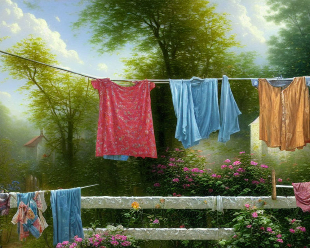 Sunlit garden scene with clothes on line amid lush greenery