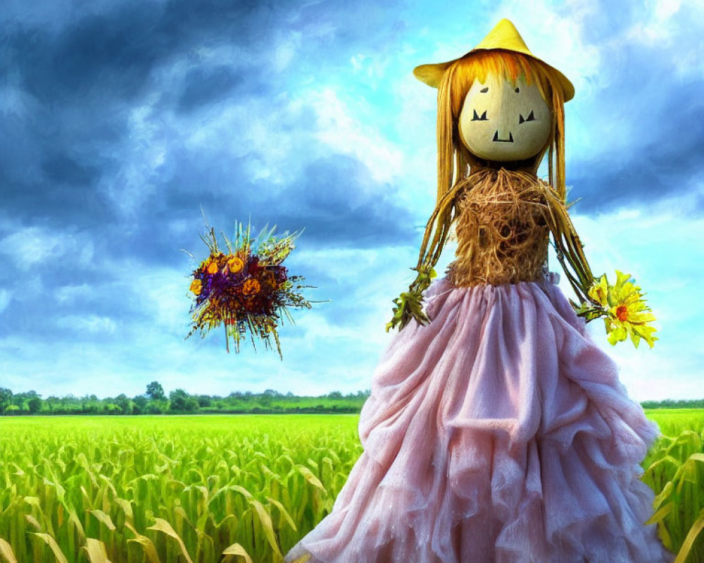 Colorful scarecrow in pink dress and straw hat on green field under blue sky