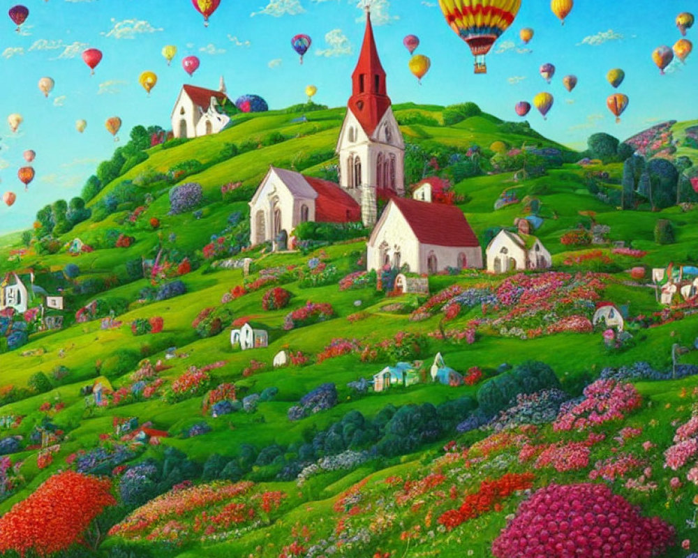 Scenic landscape with church, hills, flowers, and hot air balloons