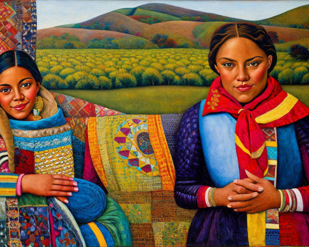 Vibrant painting of two women in traditional attire against quilt-like landscape