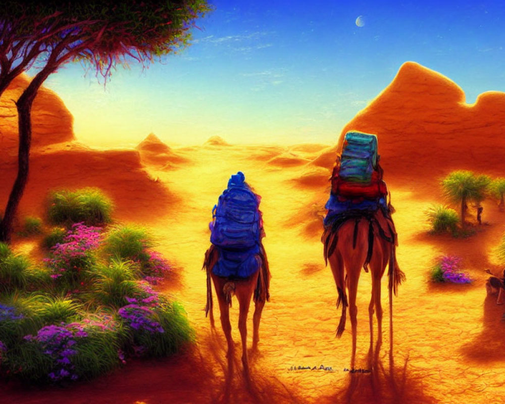 Camels carrying loads in vibrant desert with sand dunes and purple flora under sun and crescent moon