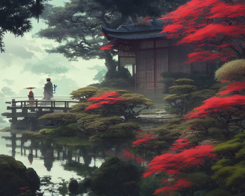 Japanese garden bridge scene with mist and red-leaved trees