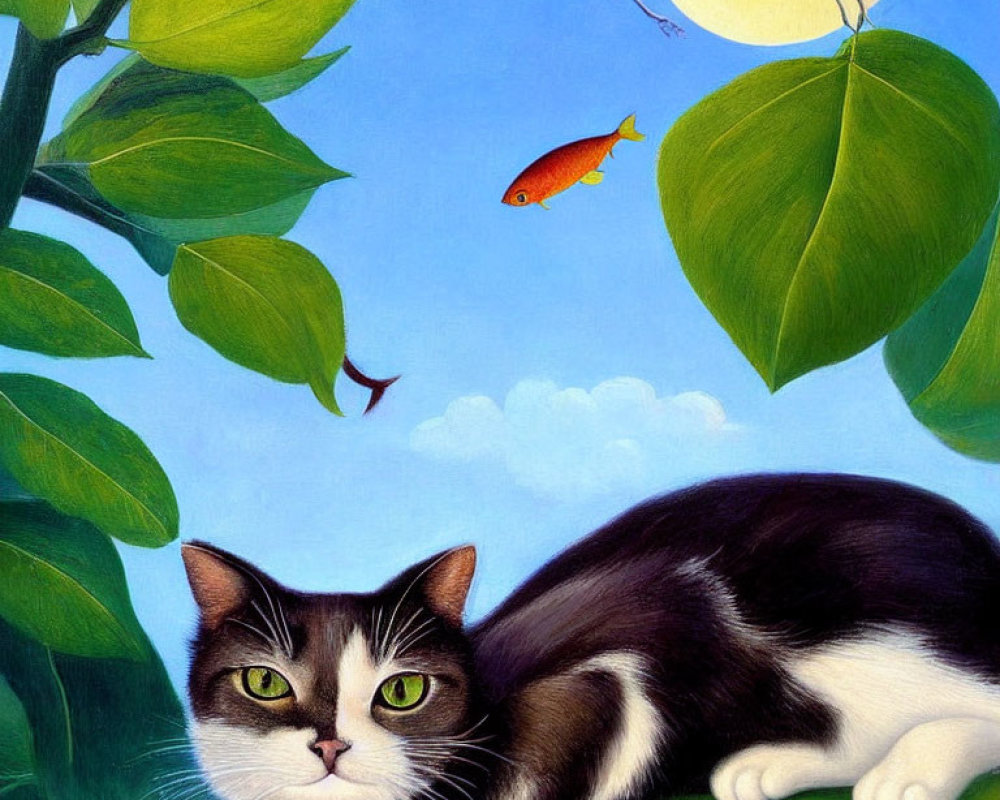 Whimsical black and white cat with red fish in the sky