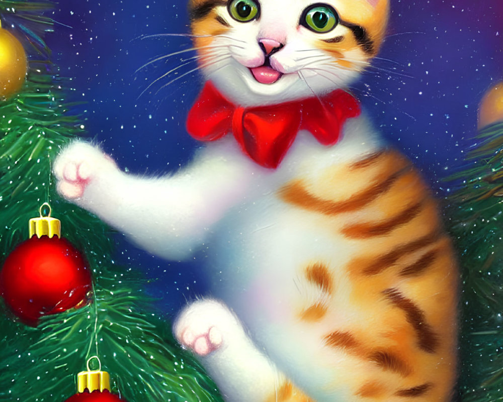 Illustration of playful kitten with red bow and Christmas ornaments