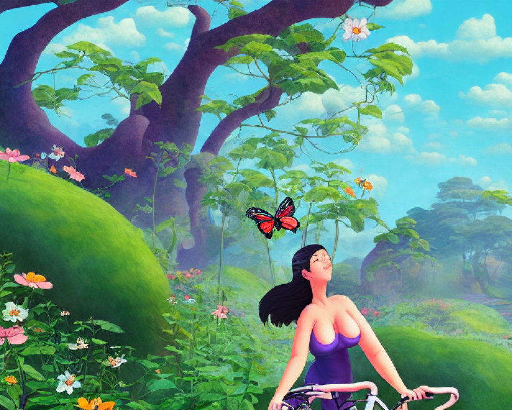 Animated woman on bicycle admiring butterfly in vibrant landscape