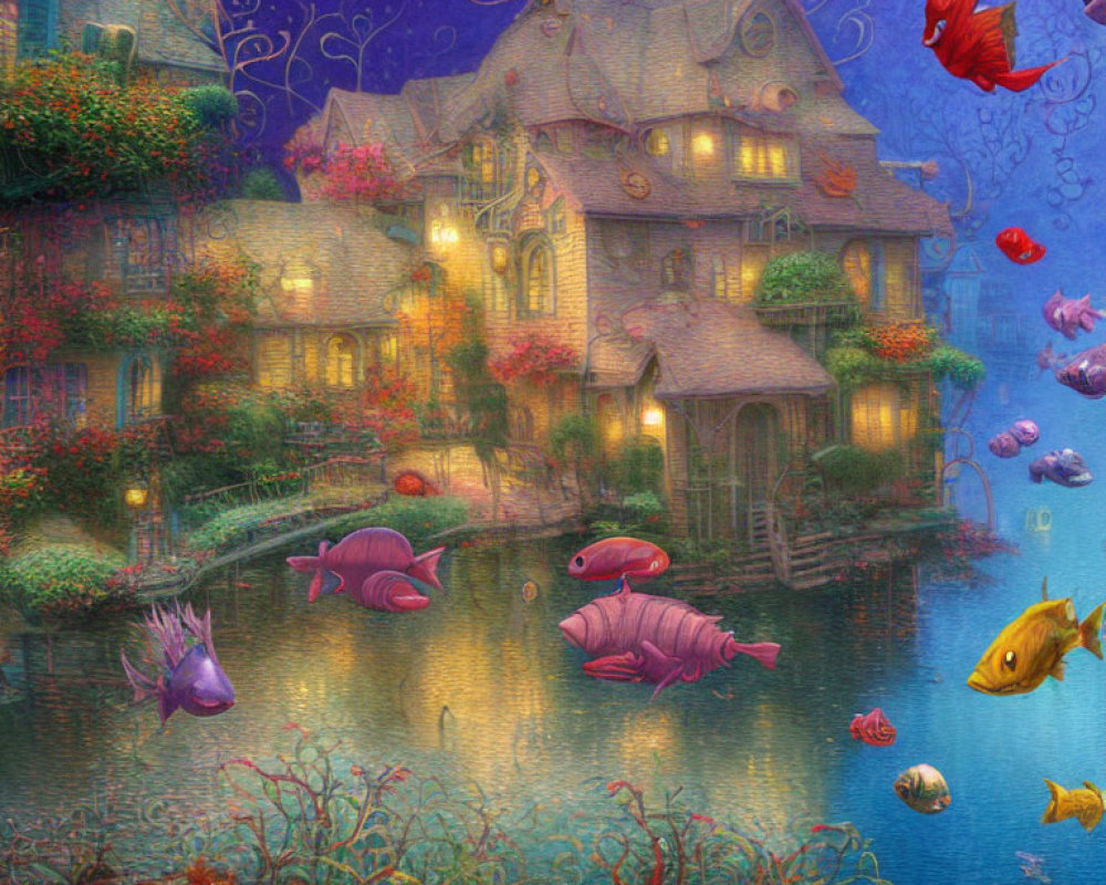 Colorful fish swim in the air around a whimsical pond house.