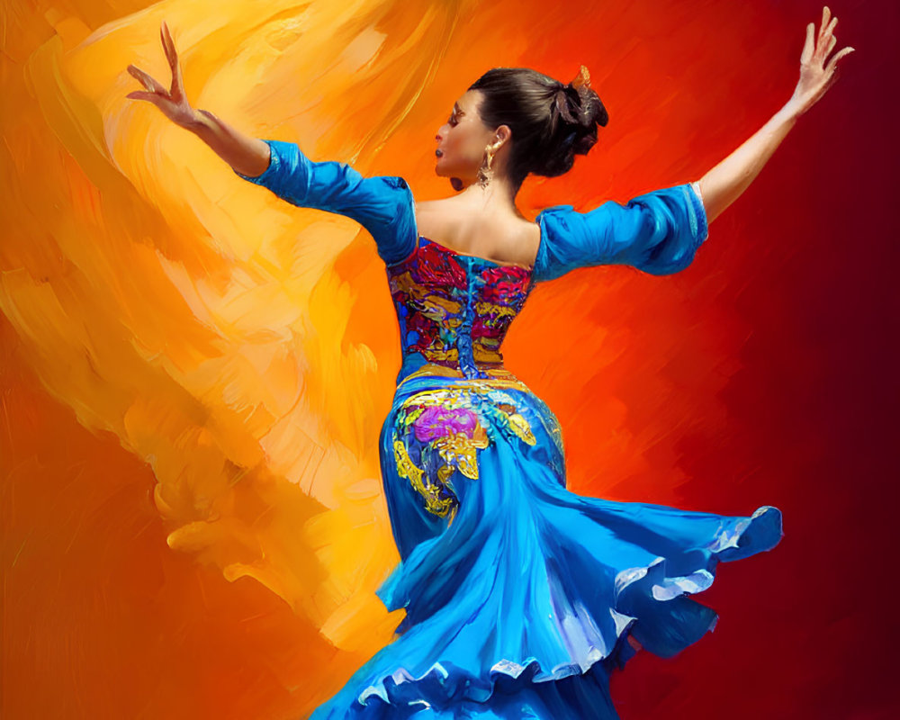 Vibrant blue flamenco dress on woman dancing against red-yellow gradient