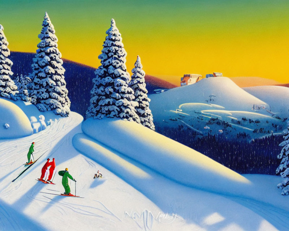 Skiers descending snowy slope with pine trees under sunset skies